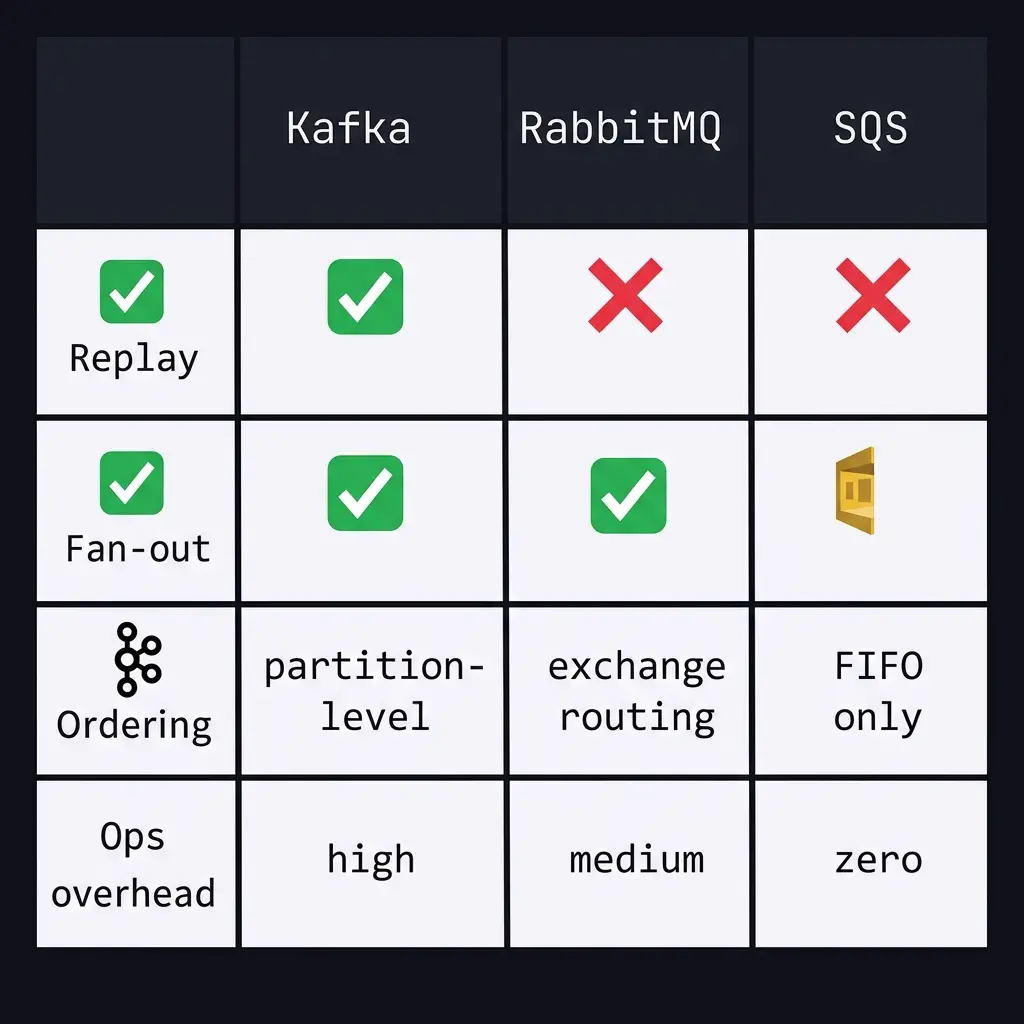 Kafka vs RabbitMQ vs SQS: a comparison across replay capability, fan-out, ordering guarantees, and operational overhead.