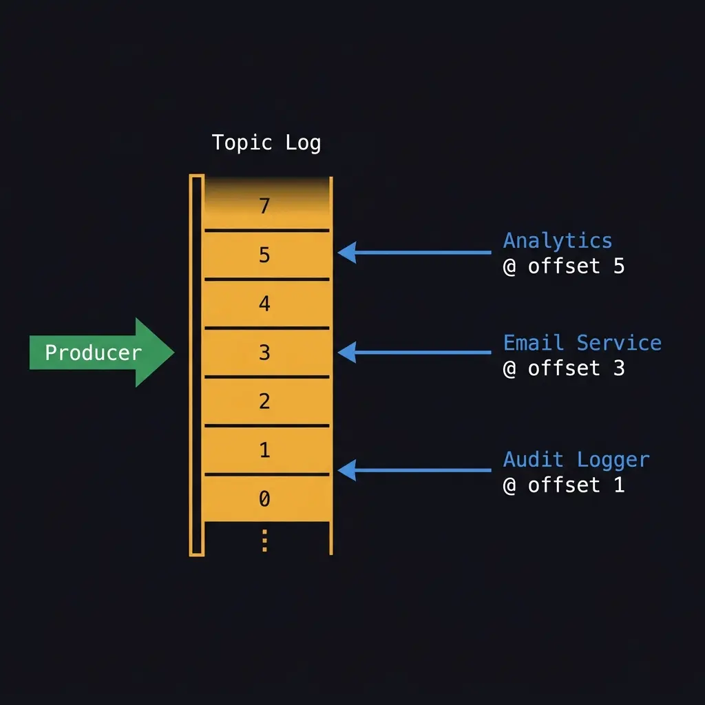 Kafka's topic log: multiple independent consumer groups each maintain their own offset. The producer appends to the end; Analytics, Email Service, and Audit Logger each read at their own pace from different positions.