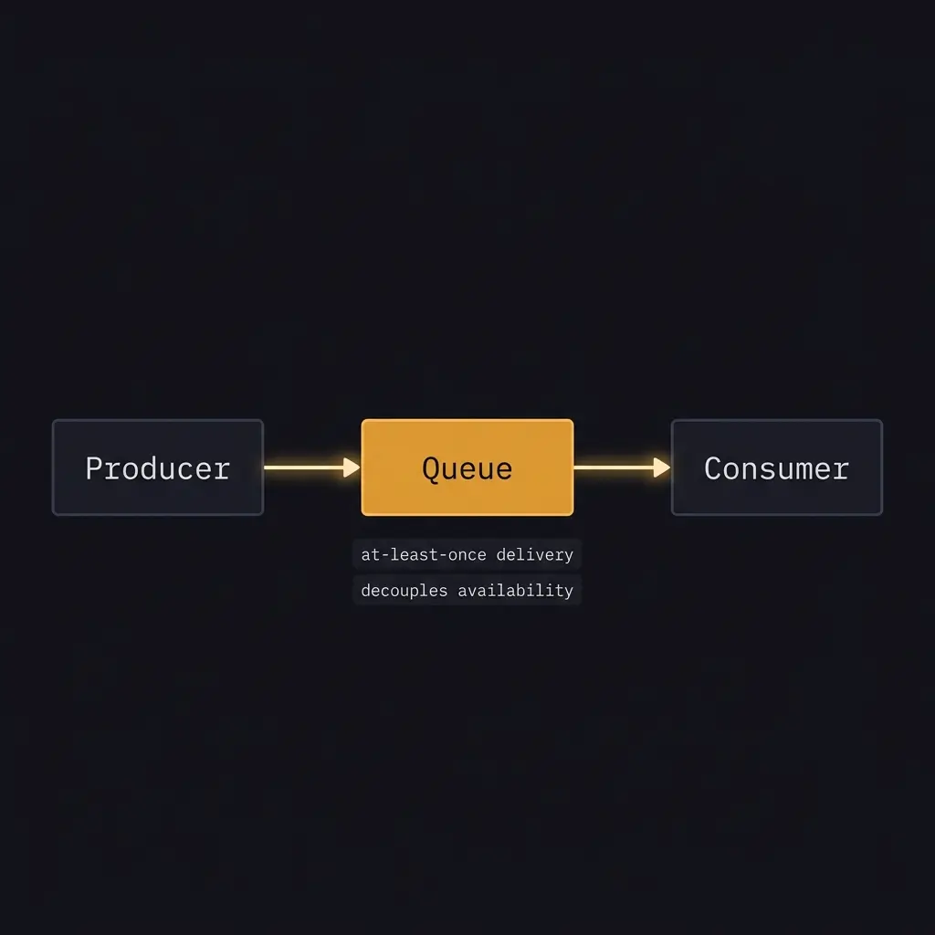 The basic message queue model: a producer writes to the queue, a consumer reads from it. The queue holds messages until acknowledged, decoupling availability on both sides.