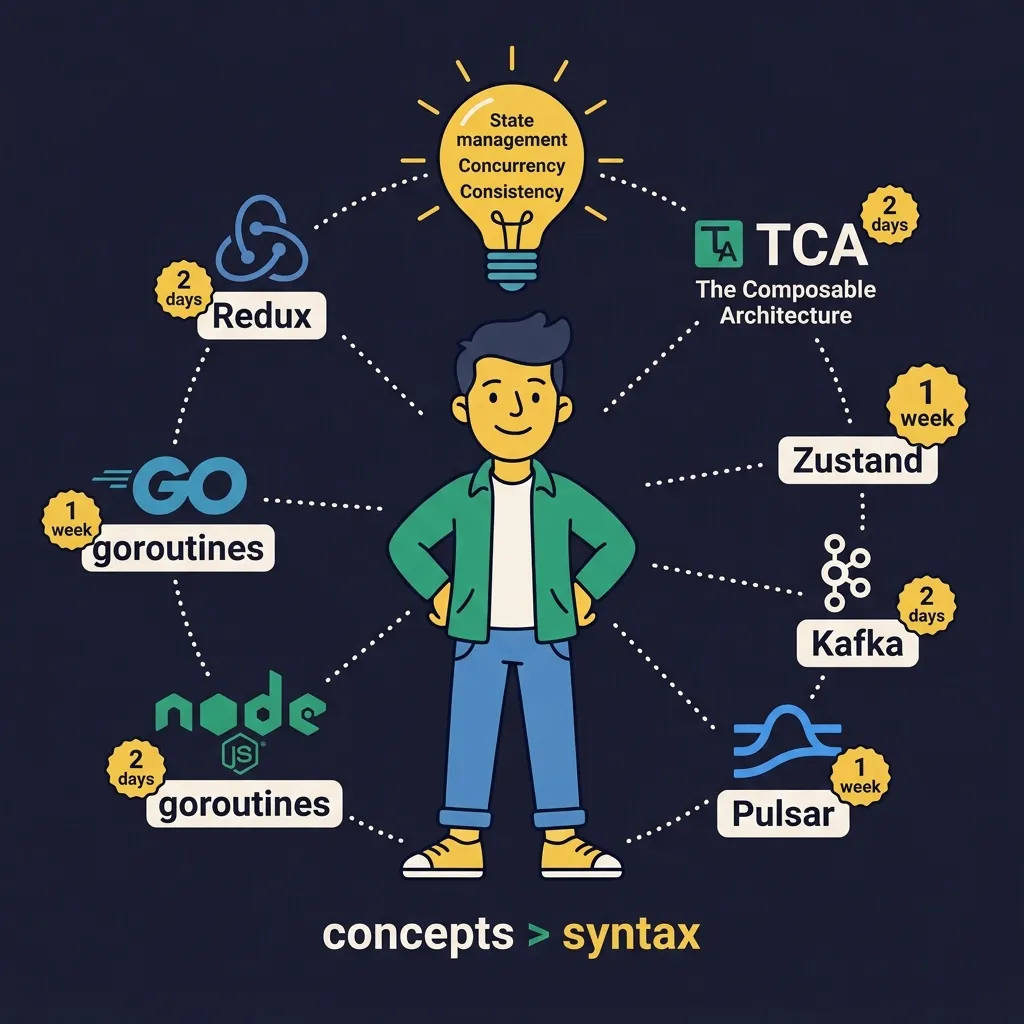 A developer surrounded by Redux, TCA, Zustand, Kafka, Pulsar, all with fast ramp-up badges — concepts > syntax
