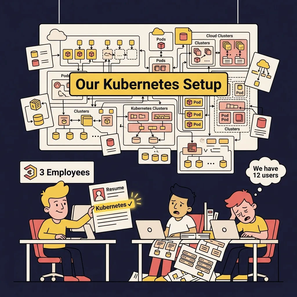 A three-person startup drowning under a massive Kubernetes architecture diagram, one dev proudly holds a resume with Kubernetes checked off