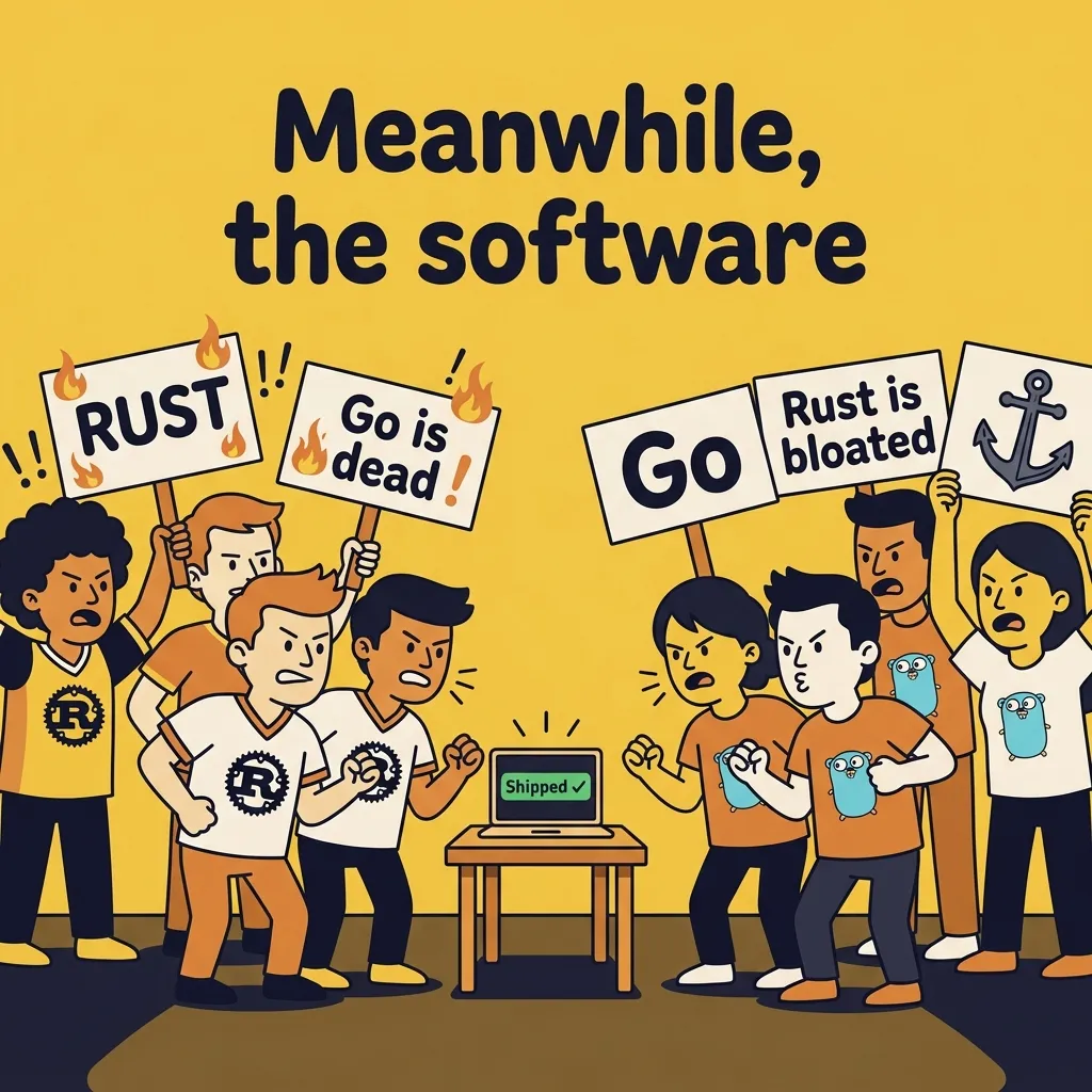 Two groups of developers arguing about Rust vs Go while a shipped product sits between them, ignored