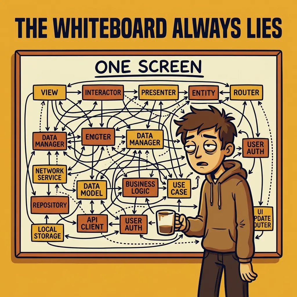 A developer stares dead eyed at a whiteboard labeled "One Screen" covered in VIPER boxes and arrows going everywhere